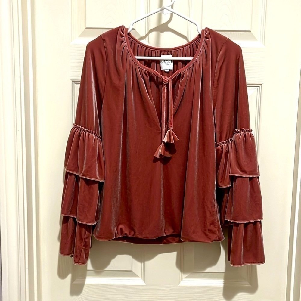 MISA of Los Angeles Velour Harlow Pink Velvet Bell Sleeve Peasant Top |Large